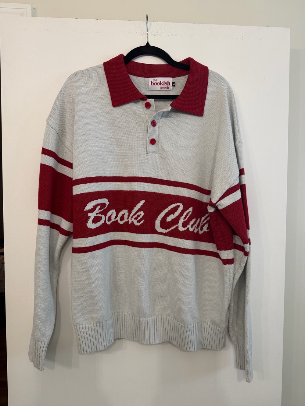 Light Gray and Red 'Book Club' Knit Polo Rugby Sweater
